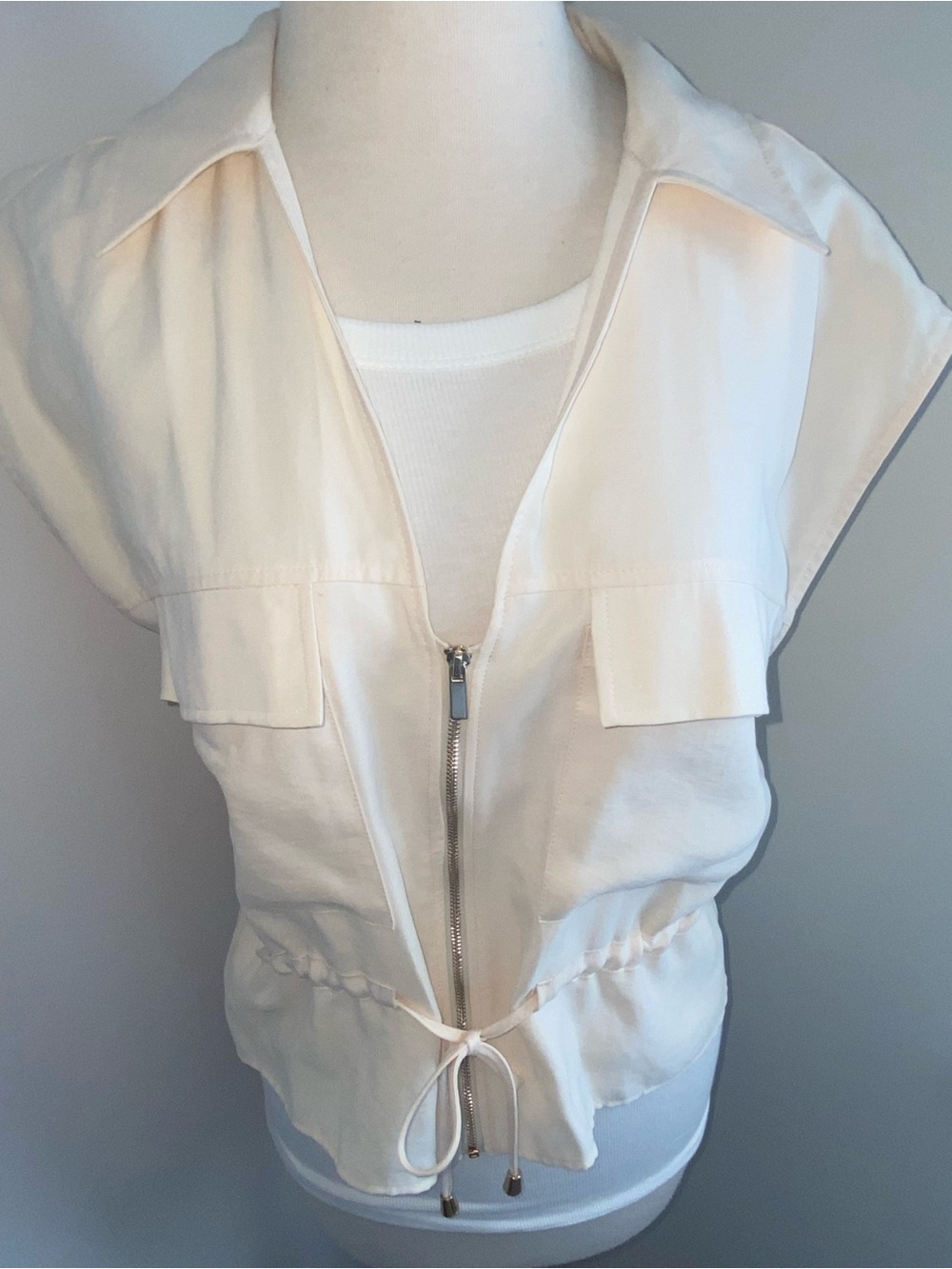 ZARA Light Cream Zip-Front Drawstring Vest - Size L - NEW - Picture 2 of 5